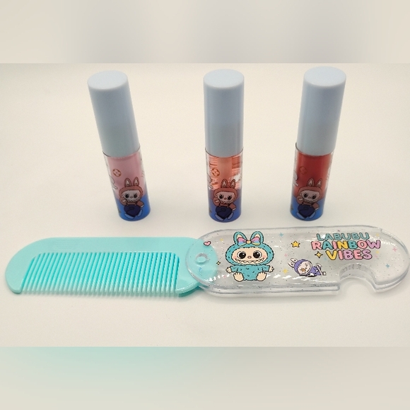 Labubu Other - Labubu Cute Blue Comb with Lip Gloss Trio-Soft Pink, Clear Tan, & Matte Brown